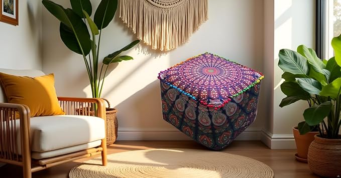 CRAFT KALA Large Hippie Mandala Meditation Floor Ottoman Pillow Cushion Pouf Cover Square Poufs Cover Bohemian Floor Cushion Case Outdoor Fireplace Living Room Decor 22X22X14 inches, Multi Mirchi