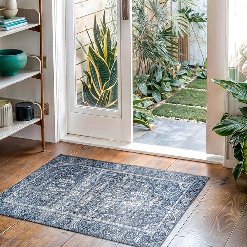 Bloom Rugs Washable Non-Slip 2' x 3' Rug - Blue Traditional Oriental Area Rug for Living Room, Bedroom, Dining Room, and Kitchen - Exact Size: 2' x 3' - color: Blue, size: 2' x 3' (Rectangular)