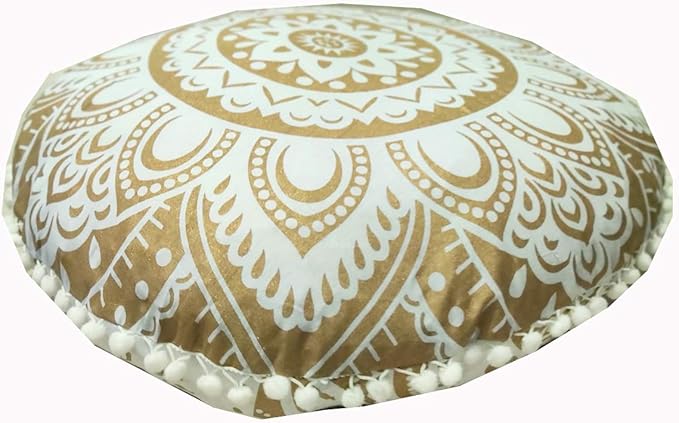 24" White Gold Flower Mandala Barmeri Large Floor Pillow Cover Cushion Meditation Seating Ottoman Throw Cover Hippie Decorative Zipped Bohemian Pouf Ottoman Pom Pom Cases ( 24 " round)