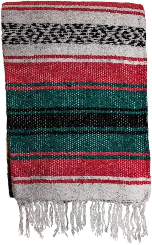 Large Mexican Blanket in Melon/Teal — Handcrafted Serape Falsa Yoga Blanket (73” x 48”) – Throw for Camping, Beach & Outdoor Use – Artisan Craft, Made in Mexico from Recycled Fibers