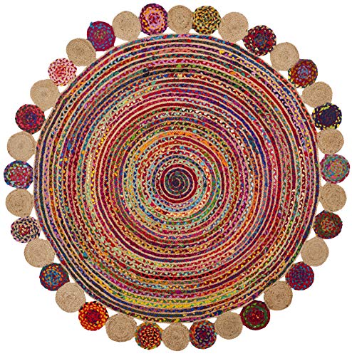 SAFAVIEH Cape Cod Collection Area Rug - 3' Round, Red & Multi, Handmade Boho Braided Jute & Cotton, Ideal for High Traffic Areas in Living Room, Bedroom (CAP201A) - color: Red/Multi, size: 3' (Round)