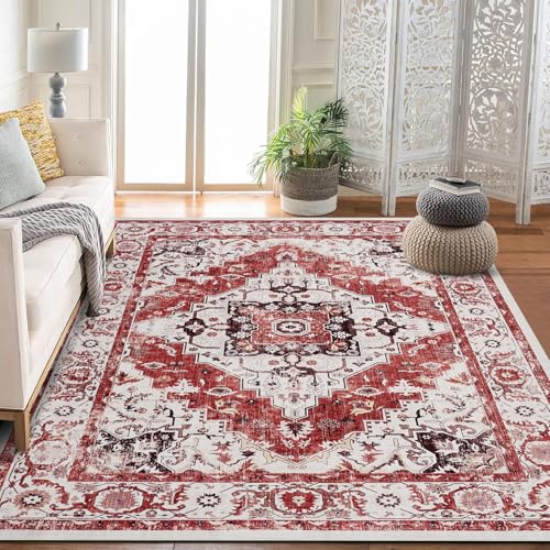 GarveeHome Boho Area Rugs for Living Room Large Machine Washable Stain Resistant Non-Slip Rugs for Bedroom, Entryway Kitchen Playroom Nursery Office, Ultra Soft Vintage Carpet - color: Red, size: 2'x6'