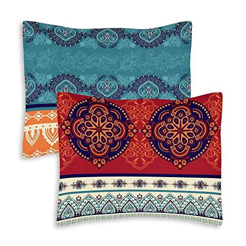 Boho Mandala Bohemian Chic Set of 2 Pillow Cases Standard Queen Pillowcase Sham Cover Set for Bed Red Teal Blue Orange Indian Patterned Turquoise Decorative Accent College Dorm Teen Home Room Décor - color: Red Boho