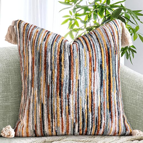AmHoo Boho Throw Pillow Cover Decorative Bohemian Woven Tufted Striped Farmhouse with Tassels Textured Cushion Case Pillowcase Neutral for Sofa Couch Bed 18 x 18-Inch Black Brown - color: Black Brown, size: 18" x 18" (Pack of 1)