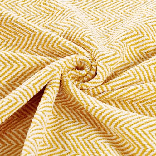 Herringbone Knitted Two Tone Throw Blankets with Braided Tassel Fringe, Boho Farmhouse Lightweight Turkish Throw Blanket for Couch Bed Sofa, Picnic, Yoga, Outdoor Blanket, 50 x 60 Inch, Yellow - color: Yellow