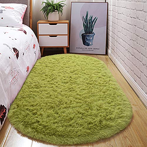 junovo Ultra Soft Washable Shaggy Rug - Non-Slip Oval Carpet for Nursery, Kids Bedroom & Home Decor (2.6x5.3ft Green) | Plush Fluffy Floor Mat for Cozy Living Spaces - color: Green, size: 2.6' x 5.3'