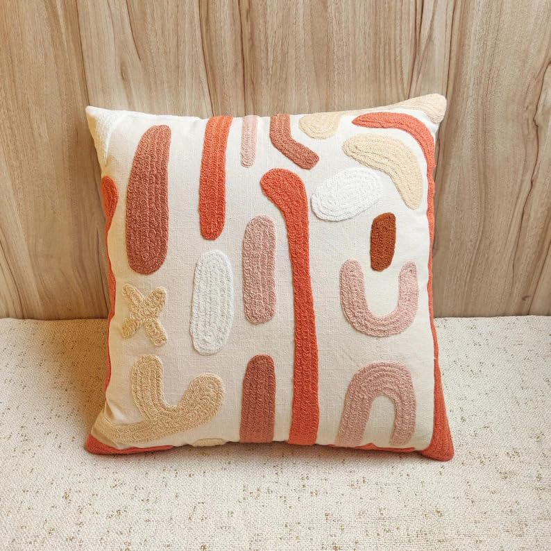 Boho Abstract Tufted Throw Pillow Cover, Neutral Terracotta Blush Pink Beige Embroidery Cushion Cover, Modern Abstract Art Decorative Pillowcase for Sofa Couch Living Room Bedroom, 18x18 Inch (Pillow