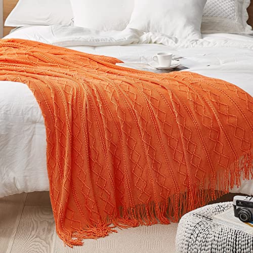 DREAMSUNSET Knit Throw Blanket 50 x 60 Inch, for Couch, Sofa, Bed and Decoration. Super Soft, Comfy and Lightweight. Original Pattern with Tassel Fringes. Sunrise Orange