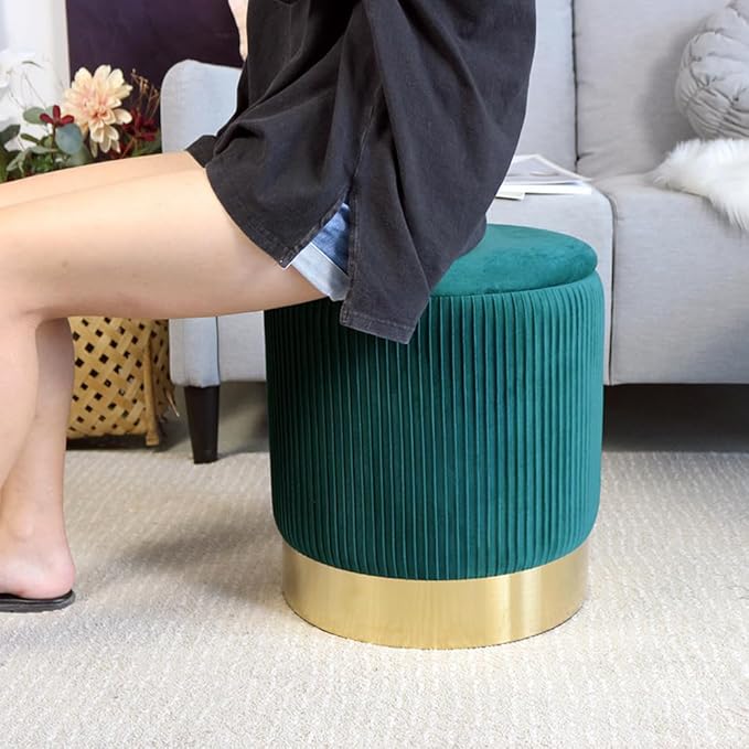 Green Velvet Round Storage Ottoman Set of 2 - Living Room & Bedroom Dorm Storage Ottoman Stool Accent Chairs with Modern Gold Base