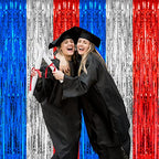 PIGETALE, 2 Pack 3.2 x 8.2 ft Red White and Blue Foil Fringe Backdrop Curtain, Streamer Backdrop Tinsel Curtains Photo Booth Props for Graduation Birthday Memo - color: Blue, Silver and Red