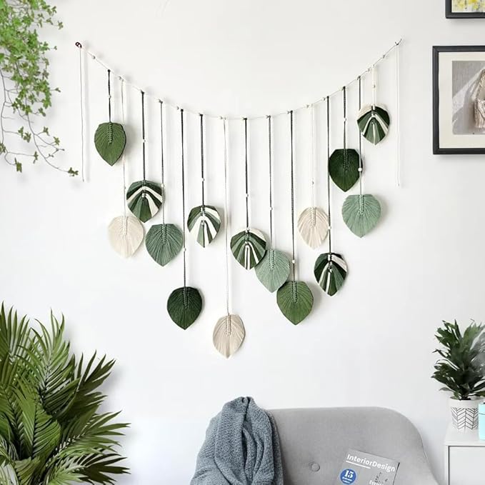 M MANUAL Macrame Leaves Wall Hanging 47.3x29.5Inch Large Chic Feather Boho Macrame Wall Decor Leaf Hanging Photo Display Handmade Woven Wall Art 16pcs Leaf Tapestry - Green