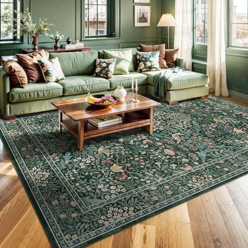 8x10 Floral Washable Area Rug for Living Room, Vintage Boho Large Rugs for Bedroom Dining Room, Botanical Birds Non Slip Low Pile Forest Throw Carpet for Farmhouse Office, Retro Green/Blue - color: Dark Green (Larger Pattern), size: 8' x 10' (Rectangular)