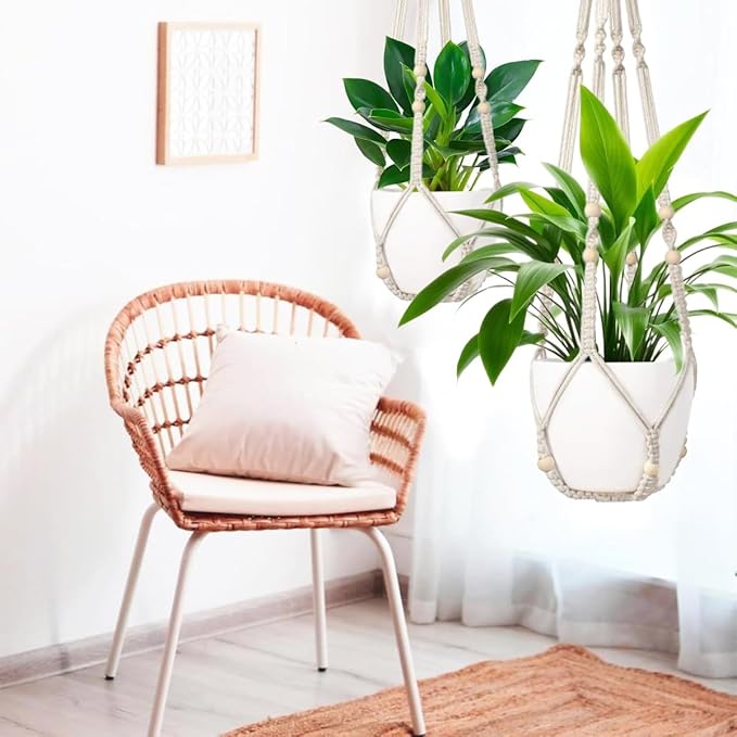 1 Pack Macrame Plant Hanger,Hanging Plant Holder, Boho Home Decor Hanging Basket with Wood Beads,Hanging Planters for Indoor Plants,Plant Hanger Indoor 35" Ivory (POTS NOT Included)