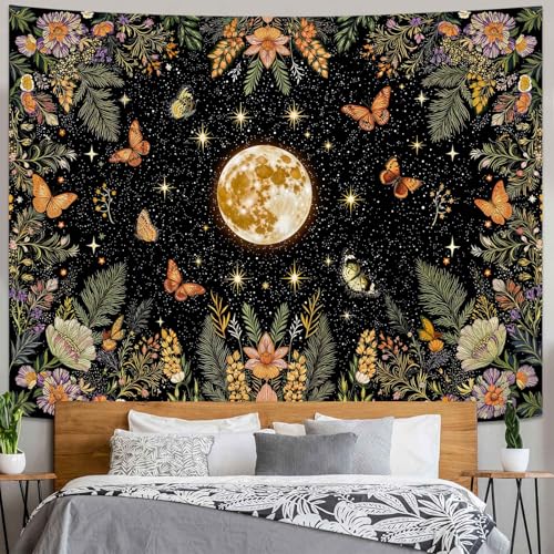 Kanuyee Moon and Butterfly Tapestry Nature Style Tapestry for Bedroom Celestial Starry Sky tapestries Wall Hanging Aesthetic Room Decor Full Moon with Butterfly 80"x60" - color: Black White, size: 80"L x 60"W