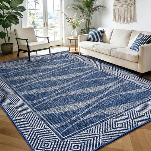 Jute Rug 6x9 Outdoor Patio Rug with Border, Washable Rugs for Living Room, Farmhouse Non Slip Area Rugs with Rubber Backing Indoor Outdoor, Non Shedding Carpet for Bedroom, Courtyard, Blue - color: Blue, size: 6'x9'