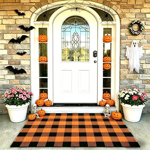 MUBIN Cotton Buffalo Plaid Rug, 3' x 5' Orange Black Outdoor Rug Front Door Decorative Mat, Washable Halloween Doormat Foldable Area Rug Layered Door Mats Rug for Front Porch, Entryway, Patio - color: Orange Black Plaid, size: 3' x 5' (Rectangular)