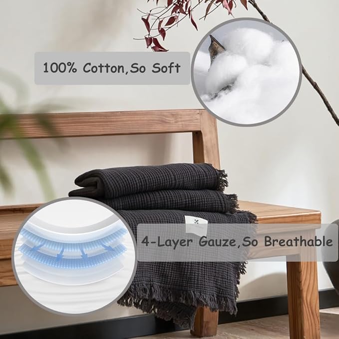 100% Cotton 4-Layer Muslin Blanket with Fringes, 50"x60", Dark Grey Throw Blanket, Ultra-Soft Gauze Blanket, Boho Bedding for All Seasons, Breathable for Couch, Bed(Dark Grey,Throw)
