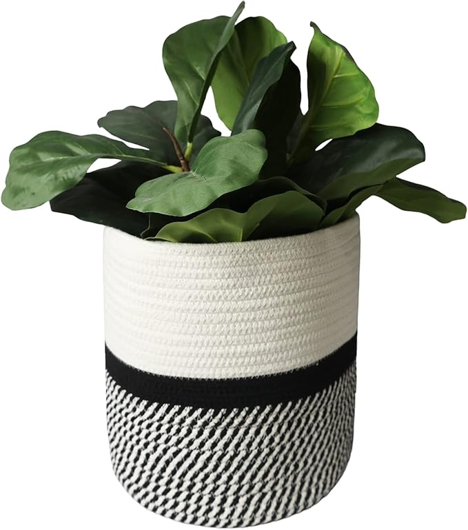 Decorative Baskets for Plants| 9- & 11-inch Pots for Indoor Plants | Floor Planter Pot Cover | Rope Plant Basket for Indoor (Small 9" Round, Ivory/Black)