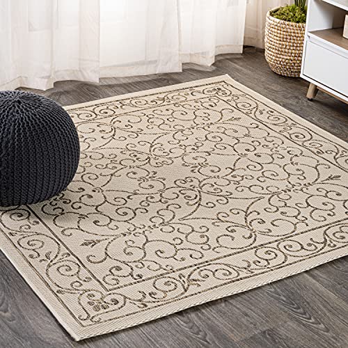 JONATHAN Y Vintage Filigree Indoor Outdoor Square Area Rug 6X6 Beige/Brown, Charleston Textured Weave for Backyard, Patio, Porch, Easy-Cleaning, High Traffic, Pet-Friendly, Non-Shedding (SMB106A-6SQ) - color: Beige/Brown, size: 6'7" x 6'7" (Square)