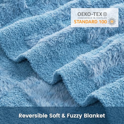 Snuggle Sac Faux Fur Checkered Blanket Twin Size with Soft Knitted Microfiber Fabric,Cozy Soft Warm Blanket for Sofa Bedroom Living Room,Solid Blue,60x80 inches - color: Solid Blue, size: Twin(60"x80")
