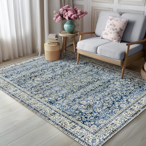 Blue Area Rugs 5x7 Vintage Boho Flower Distressed Low Pile Rug with Rubber Backing Dark Blue Non Slip Stain Resistant 5x7 Washable Rug for Living Room Bedroom Dining Room Carpet for Under Table - color: Blue, size: 5' x 7' (Rectangular)