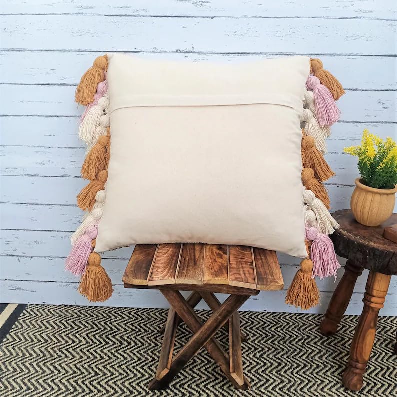 Tufted Cushion Cover with Pink, Terracotta & Cream Rainbows and Tassels，20x20 inches