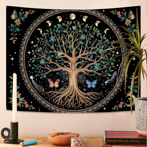 Lunerfex Tree of Life Tapastry Sun and Moon Tapastry Flower Boho Tree Mandala Wall Hanging for Bedroom and Living Room Decor Green Tree 36×48 Inches - color: Light Green, size: 48"L x 36"W