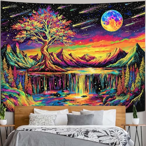 Zussun Blacklight Tree of Life Tapestry UV Reactive Moon Mountain Forest Waterfull Tapestry for Bedroom Aesthetic Nature Large Tapestries Wall Hanging for Dorm Living Room Decor 80 x 60 Inch - color: Warm Red, size: 80"L x 60"W
