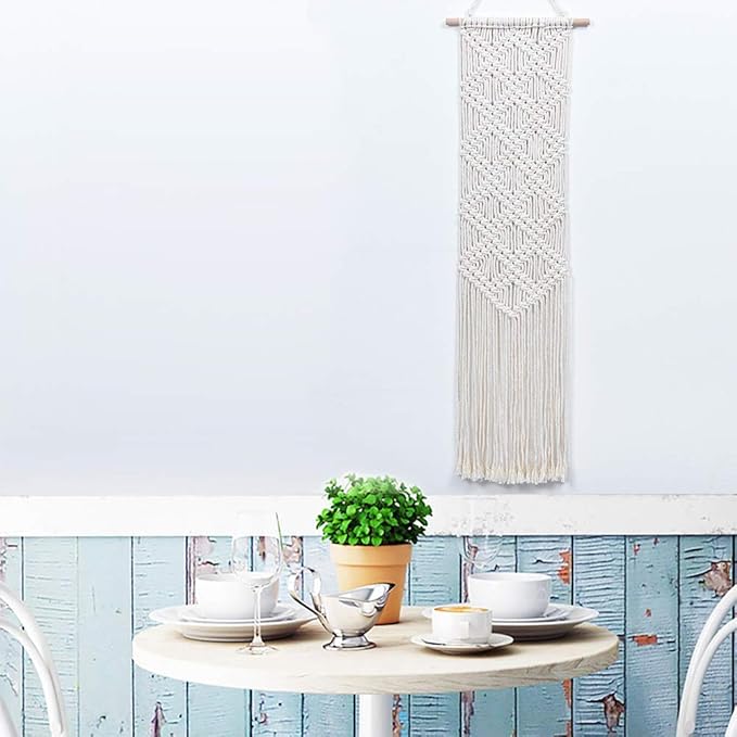 Ebristar Macrame Wall Hanging - Boho Chic Handmade Woven Tapestry - Modern Rustic Wall Art Home Decor - Apartment Dorm Bedroom Nursery Wall Decoration, 10" W x 39" L - Off-White