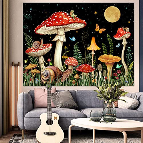 Zussun Red Mushroom Tapestry Moon Star Tapestries for Bedroom Aesthetic Starry Night Green Plant Tapastrys Wall Hanging Butterfly Snail Frog Wall Tapestry for Living Room Dorm (Black, 90" x 68") - color: Black, size: 90"L x 68"W