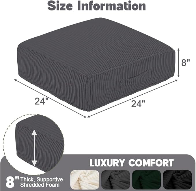 Floor Pillow for Adults Set of 2, 8" Square Floor Cushions with Washable Cover, Large Corduroy Meditation Pillow, 24 inches Tatami Seat with Handle for Living Room or Yoga, Dark Grey