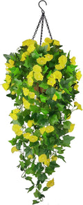Artificial Fake Hanging Flowers Plants Basket for Spring Outdoor Outside Decoration, UV Resistant Faux Plastic Fabric Flower Morning Glory Wisteria Petunia for Garden Porch Patio Balcony Yard Decor
