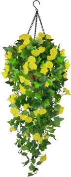 Artificial Fake Hanging Flowers Plants Basket for Spring Outdoor Outside Decoration, UV Resistant Faux Plastic Fabric Flower Morning Glory Wisteria Petunia for Garden Porch Patio Balcony Yard Decor