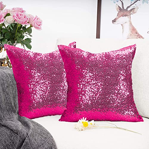 ShinyBeauty Sequin Pillow Case Hot Pink 20x20 Inch Pack of 2 Sequin Pillow Covers Set Zipper Couch Cushion Covers Fuchsia Rustic Pillowcases Sofa Decorative Pillow Covers for Farmhouse Party - color: Hot Pink, size: 20" x 20" (Pack of 2)
