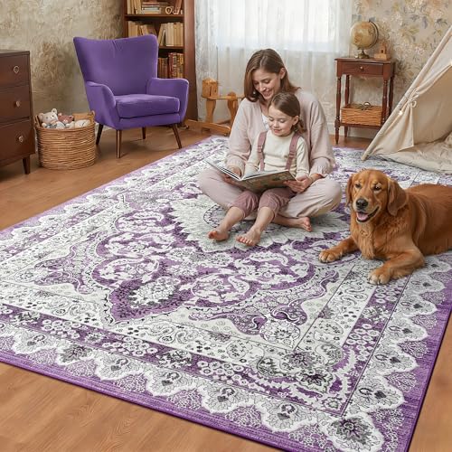 Foxmas 5x7 Area Rugs for Living Room, Machine Washable Vintage Rug, Non-Slip Low Pile Throw Rugs with Rubber Backing Washable Carpet for Bedroom Dining Room Kitchen Home Decor, Purple - color: Purple, size: 5' X 7' (Rectangular)