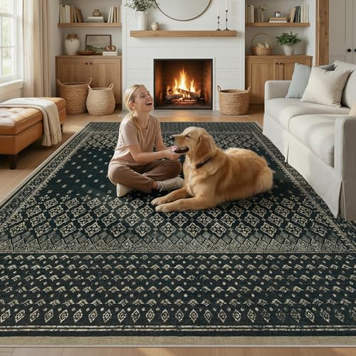 Joydeco Vintage 6x9 Area Rugs for Living Room Non Slip, Boho Washable Geometric Soft Rug for Bedroom, Ultra Thin Distress Indoor Floor Carpet for Dining Room Home Office Dorm, Black/Grey - color: Black, size: 6' x 8'11" (Rectangular)