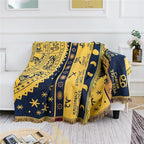 Boho Throw Blankets Woven Reversible Cotton Bohemian Tapestry Hippie Room Decor Witchy Astrology Zodiac Celestial Constellation Carpet Bed Recliner Chair Couch Sofa Cover Double Sided 70"x90"