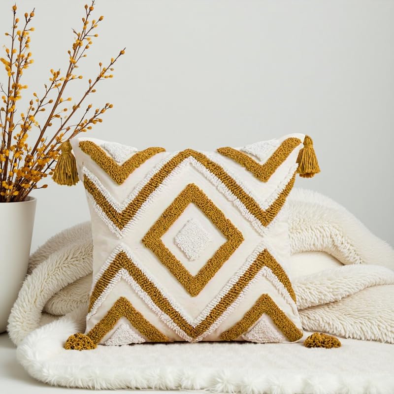 Andreannie Pack of 2 Boho Tufting Throw Pillow Cover Embroidered Textured Cushion Cover with Tassels Soft Home Decororative for Couch Sofa 18x18 inch (Yellow) - color: Yellow