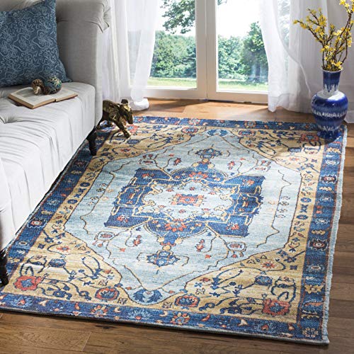 SAFAVIEH Saffron Collection Accent Rug - 4' x 6', Turquoise & Navy, Handmade Boho Chic Distressed Cotton, Ideal for High Traffic Areas in Entryway, Living Room, Bedroom (SFN540K) - size: 4' x 6' (Rectangular)