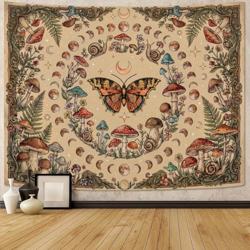 Gruaoihy Boho Vintage Moon Phase Tapestry, Botanical Aesthetic Butterfly Plant Mushroom Wall Hanging for Bedroom Dorm Decor, Beige 36x48 inches - color: Butterfly and Moon, size: 48"L x 36"W