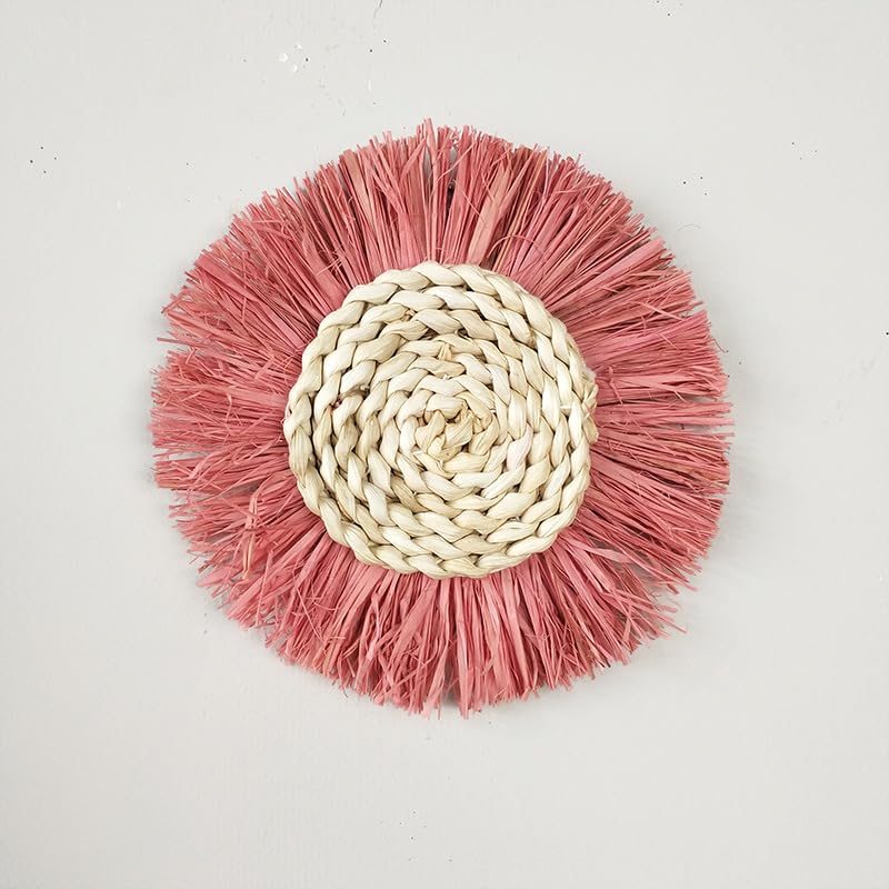 Boho Wall Baskets Decor Hanging Rustic Rattan Wicker Wall Baskets Round Wall Art for Farmhouse Living Rooms Bedrooms Kitchen Decorations (Pink)