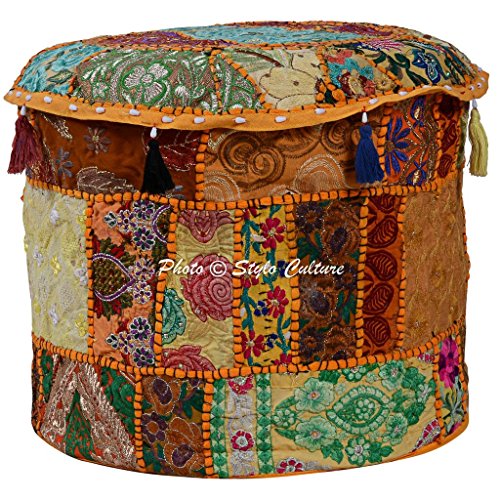 Traditional Handmade Cotton Patchwork Embroidered Ottoman Stool Pouf Cover Floral Yellow Bean Bag 45 cm Fabric Seat Footstool Floor Cushion Ethnic Decor Bean Home - color: Mango Yellow