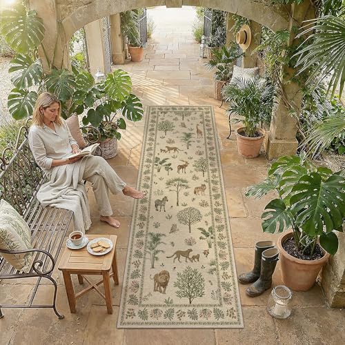 2.6x8 Easy Jute Runner Rug Washable Brown Printed Hallway Outdoor Rug for Patio Lightweight Non Slip No Sheding Carpet Entryway Bathroom Backyard Porch Kitchen - color: Jungle | Brown, size: 2.6'x8'