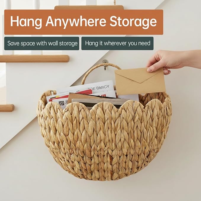 Wicker Hanging Basket,Scalloped Wall Basket for Organizing & Decor,Woven Water Hyacinth Hanging Wall Baskets for Flower,Mail,Stuffed Animals,Hanging Storage Baskets for Wall,Door,Nursery