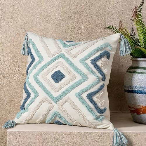 Boho Pillow Covers 18X18 Inch Boho Tufted Throw Pillow Covers Decorative Tassels Cushion Cover Farmhouse Pillow Case for Couch Sofa Bed Living Room Bedroom, Teal - color: Boho Multi-teal, size: 18" x 18" (Pack of 1)