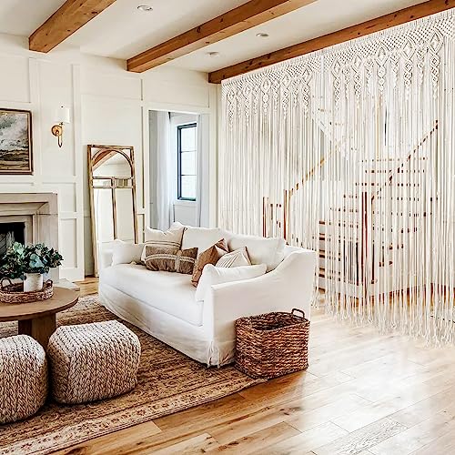 Foreate Macrame Curtains Long Cotton Macrame Wall Hanging Boho Beaded Curtain for Window Doorway Handmade Wedding Backdrop Room Divider, 2 Panels 79" L x 35" W - size: 35.5"W x 79"L (Pack of 2)