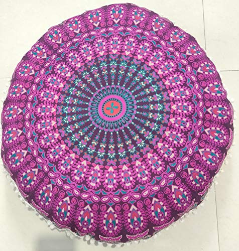 INDIAN CRAFT CASTLE 24" Pink Peacock Mandala Barmeri Large Floor Pillow Cover Cushion Meditation Seating Ottoman Throw Cover Hippie Decorative Zipped Bohemian Pouf Ottoman Pom Pom Cases 24" Round - color: Pink, style: 24 Inch Round