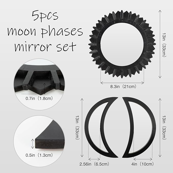 WAKOSAN Wall Mirror, Moon Phase Mirror Set, Wall Decor for Bedroom, Bohemian 5PCS Wooden and Real Glass Mirror with Crystal Clear Reflection, Boho Decor, Multi-Angle Installation (Black)
