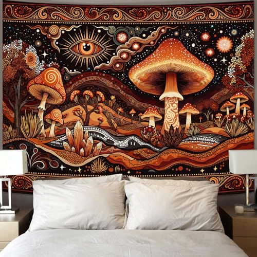 Accnicc Hippie Mushroom Tapestry Orange Red Abstract Mountain Wall Tapestry for Bedroom Aesthetic Bohemian Art Vintage Star Eye Large Tapestries Wall Hanging for Dorm Living Room Decor 80 × 60 Inch - color: Orange, size: 80"L x 60"W