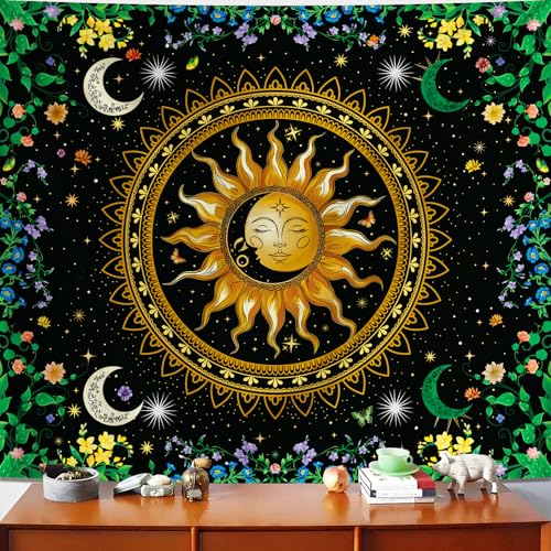 Alened Boho Mandala Nature Tapestries for Bedroom Decor,Sun and Moon Celestial Starry Night Poster,Mandala flowers tapestry wall hanging(51"×60") - color: black Tapestry, size: 60"L x 51"W